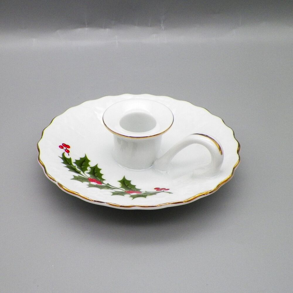 Vintage Porcelain Christmas Holly Candle Holder Finger Loop Japan